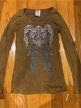 Embellished Fleur-de-Lis Wing Long Sleeve Top - Olive Brown